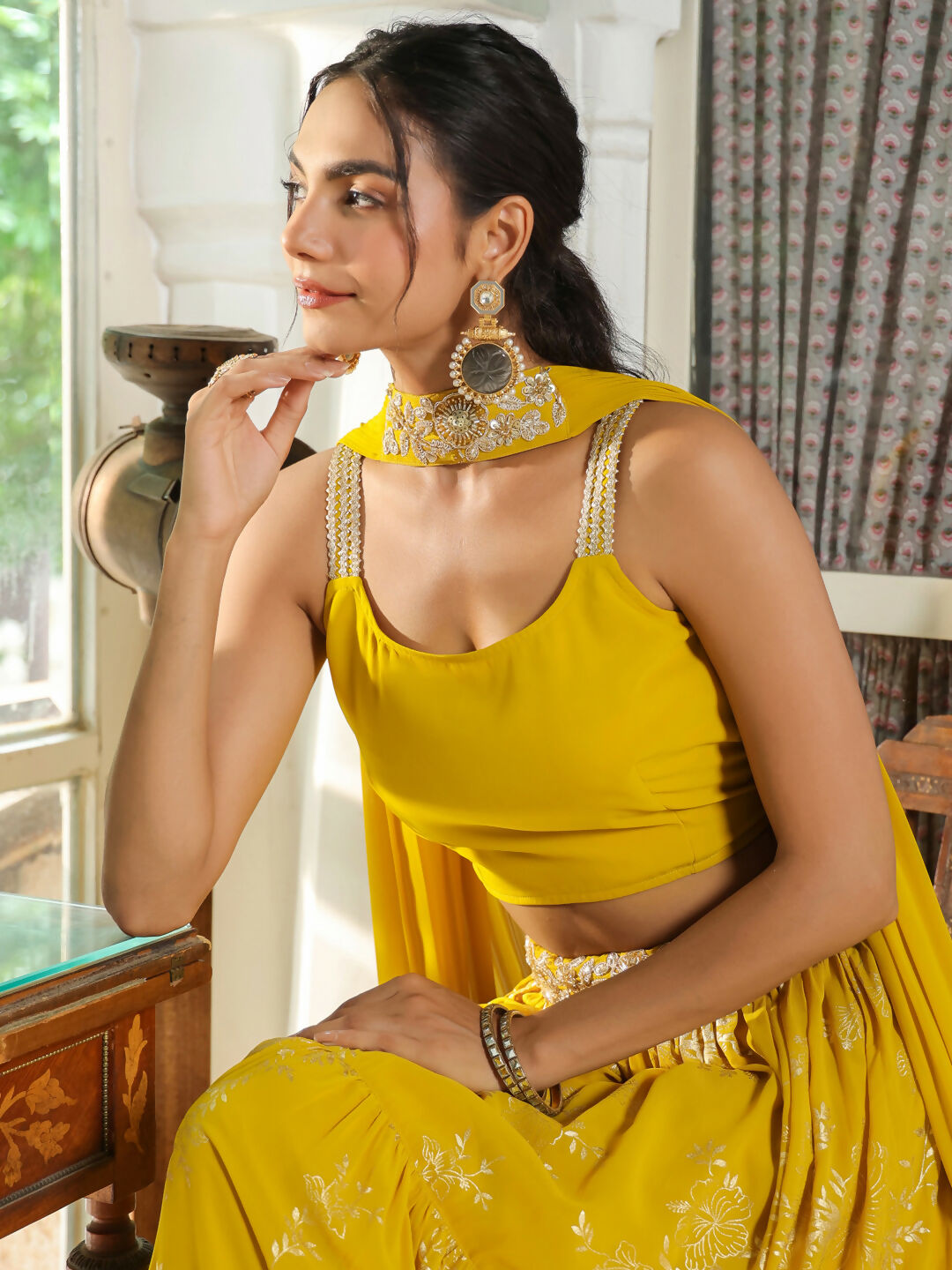 Janasya Yellow Georgette Solid Lehenga Choli Dupatta | Swadesiicart