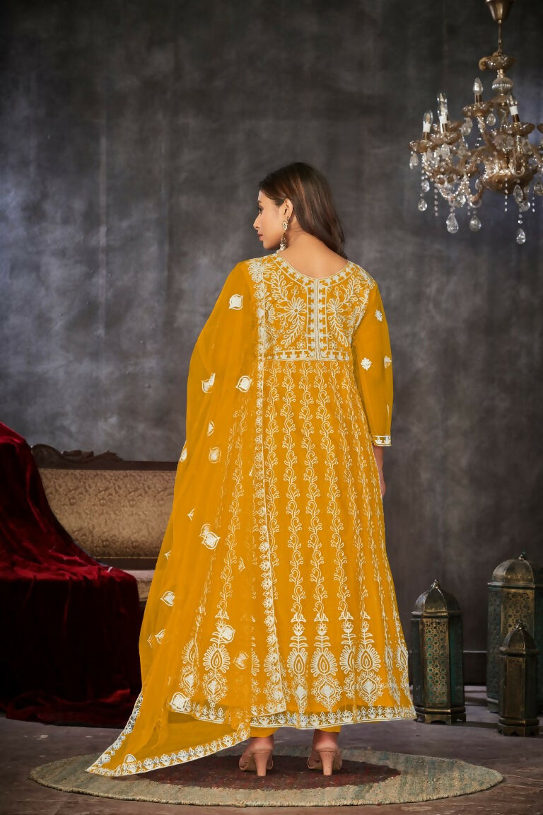 Jyoti Fashion Women's Yellow Net Embroidered Anarkali Kurta Pant Set With Dupatta | Swadesiicart
