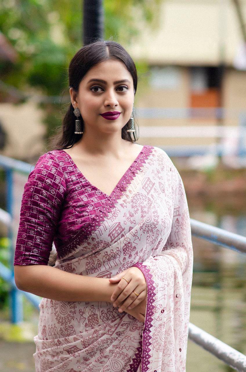 Purple Pure Georgette Warli Saree with Unstitched Blouse - Hiral Fashion | Swadesiicart