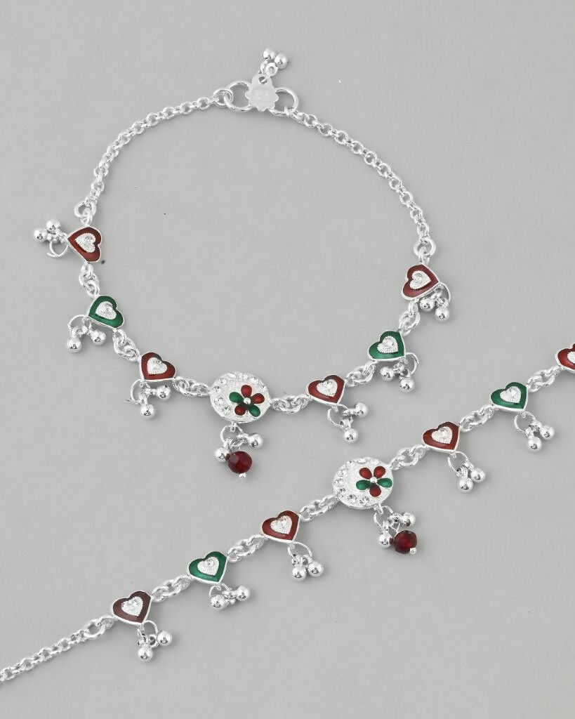 VOJ Set of 2 Stone Studded Heart Shaped Traditional Anklet - Swadesiicart