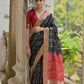 Vishnu Weaves Women's Black Raw Silk Thread Ikkat Woven Saree with Blouse - Swadesiicart