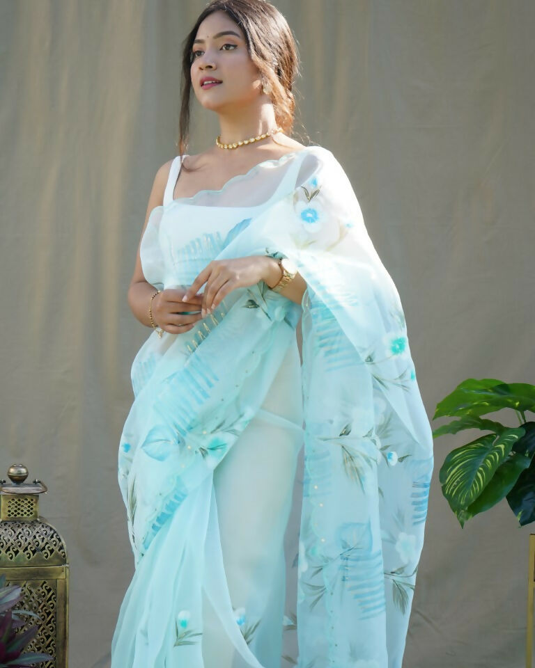 Vamsee Menka Sky Color Organza Saree - Swadesiicart