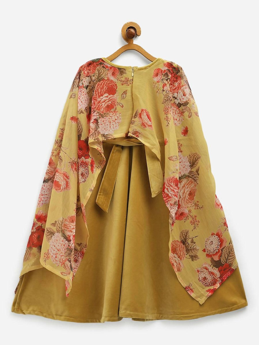 Ahalyaa Mustard Velvet Kids Dress With Attached Dupatta For Girls | Swadesiicart