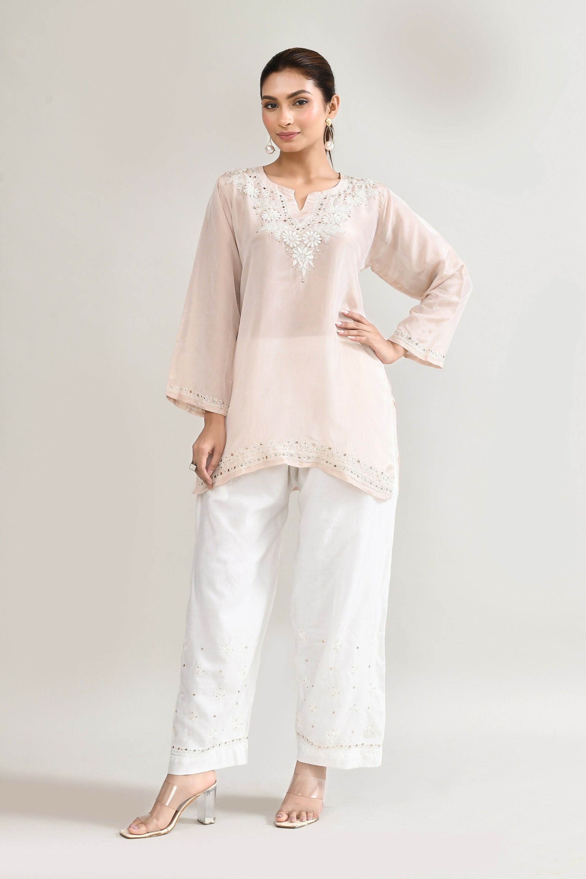 Joban Fashion Womens Cotton ChikanKari Off White Cord set - Swadesiicart