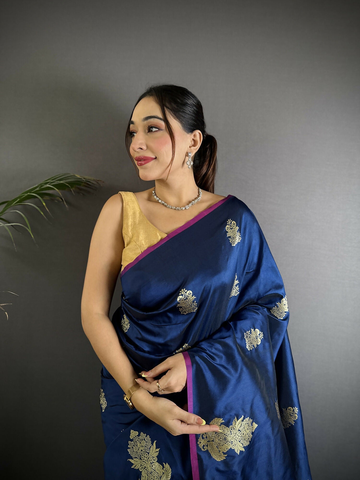 Joban Fashion Navy Blue Banarasi Lichi Silk Gold Zari Meena Saree | Swadesiicart