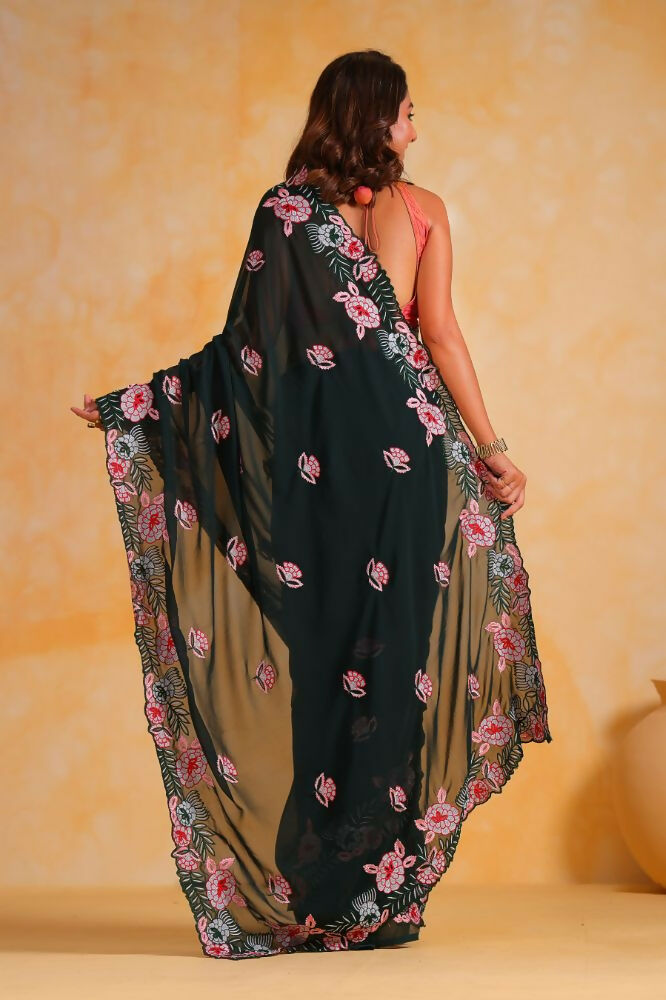 Vamsee Annie Dark Green Georgette Silk Saree - Swadesiicart