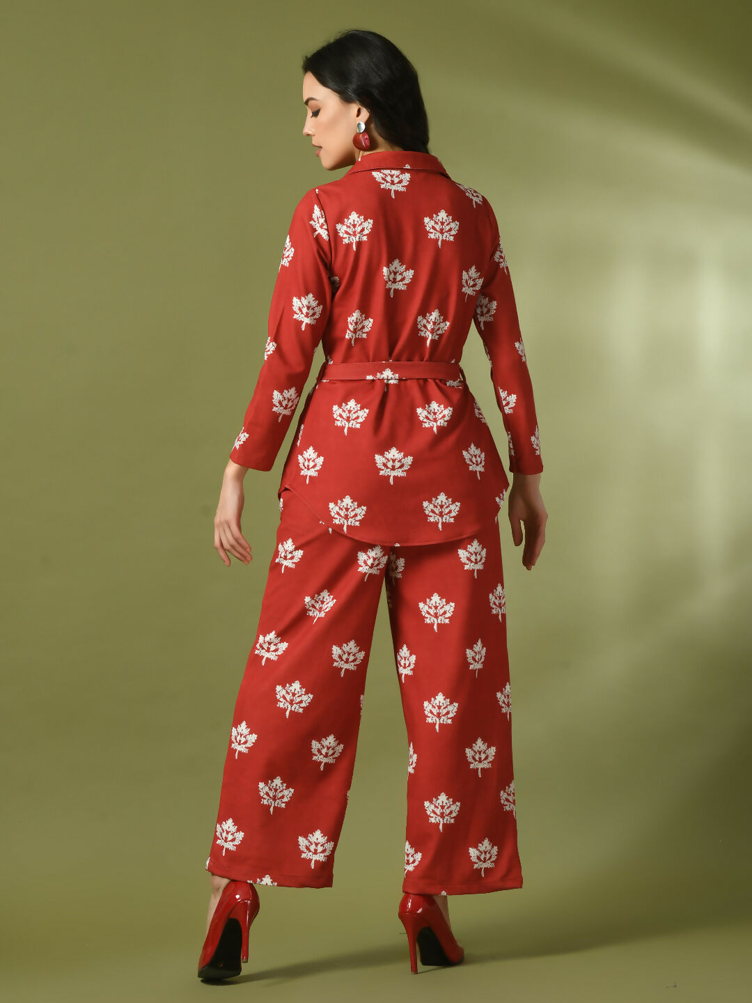 Myshka Women's Rust Printed Polo Collar Party Top With Trousers Co-ord set - Swadesiicart