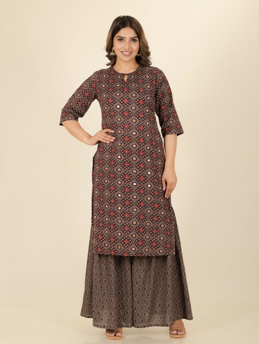 Aramya Brown Soft Cotton Geometric Print Straight Kurta Sharara Set for Women