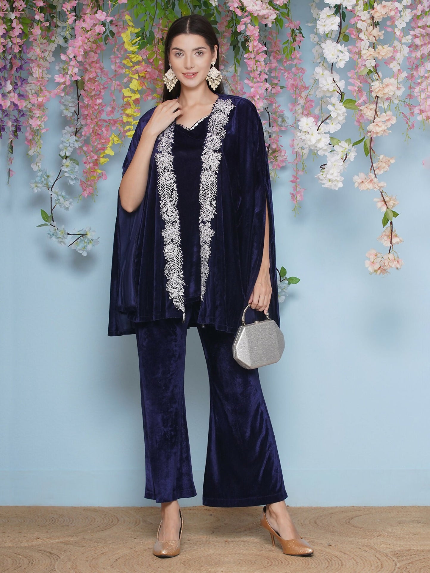 Joban Fashion Navy Blue Velvet Cape Set - Swadesiicart