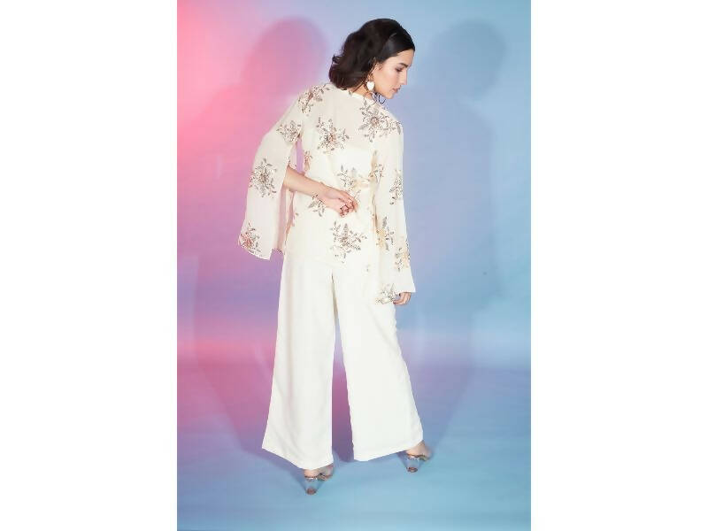 Off White Georgette Sequence With Thread Designer Co-Ord Set - Flory - Swadesiicart