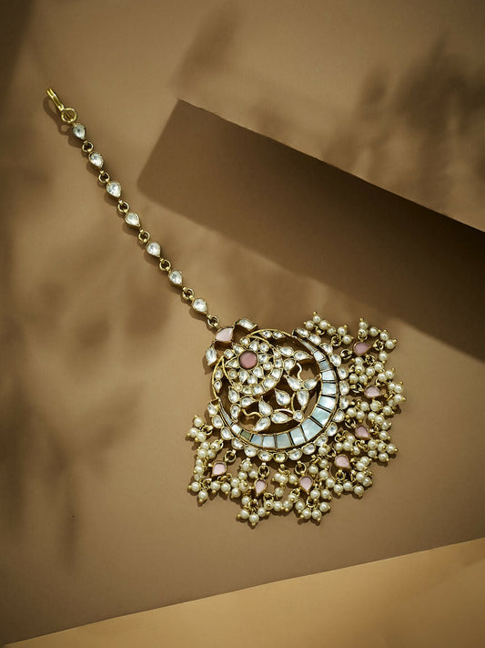 Nuyug 22K Gold-Plated Pearls & Pink Kundan Studded Statement Maang Tikka Head Jewellery | Swadesiicart