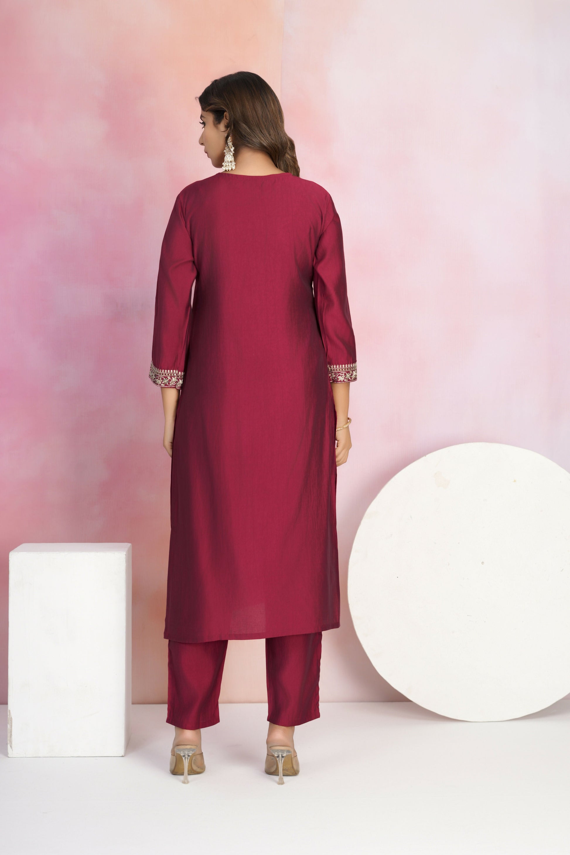 Ethnic Festive Wear Viscose Chanderi Maroon Stitched Suit With Dupatta - Tanisha | Swadesiicart