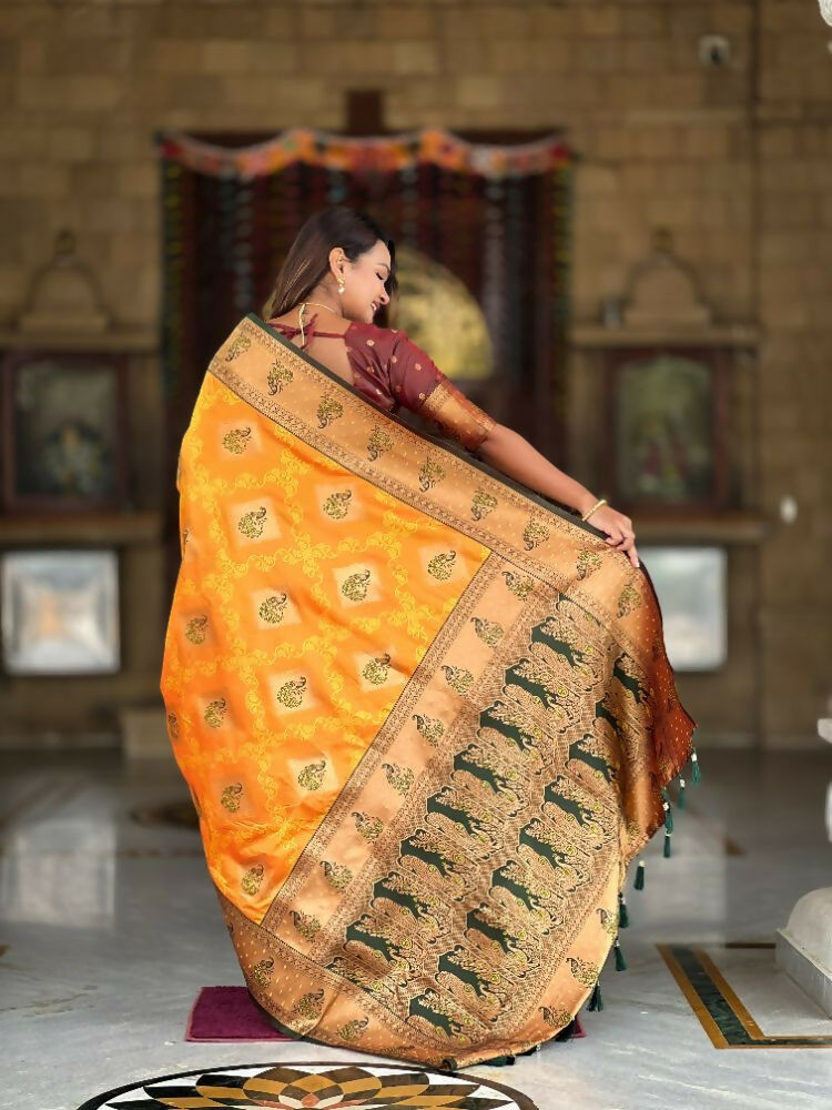PR Fashion Mustard Orange Soft Banarasi Silk With Zari Weaving Meenakari Design Saree | Swadesiicart