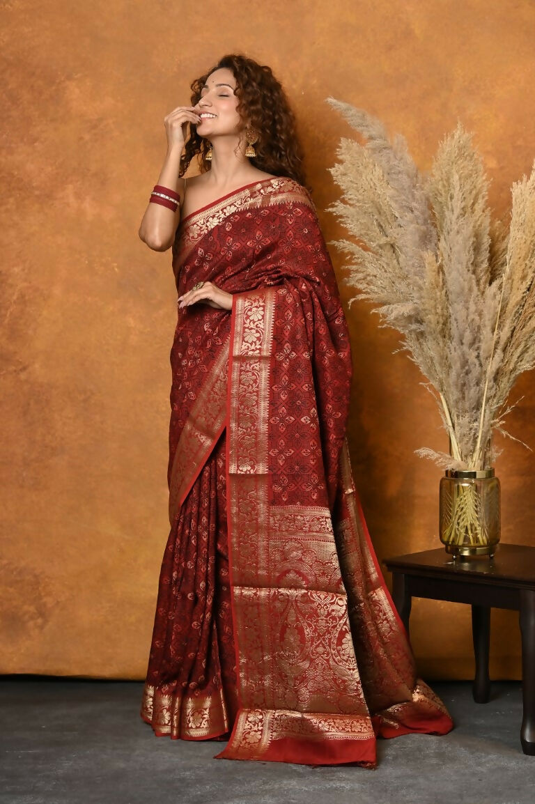 Very Much Indian Modal Silk Ajrakh Handblock Printed Natural Dyes With Designer Border Saree - Red | Swadesiicart