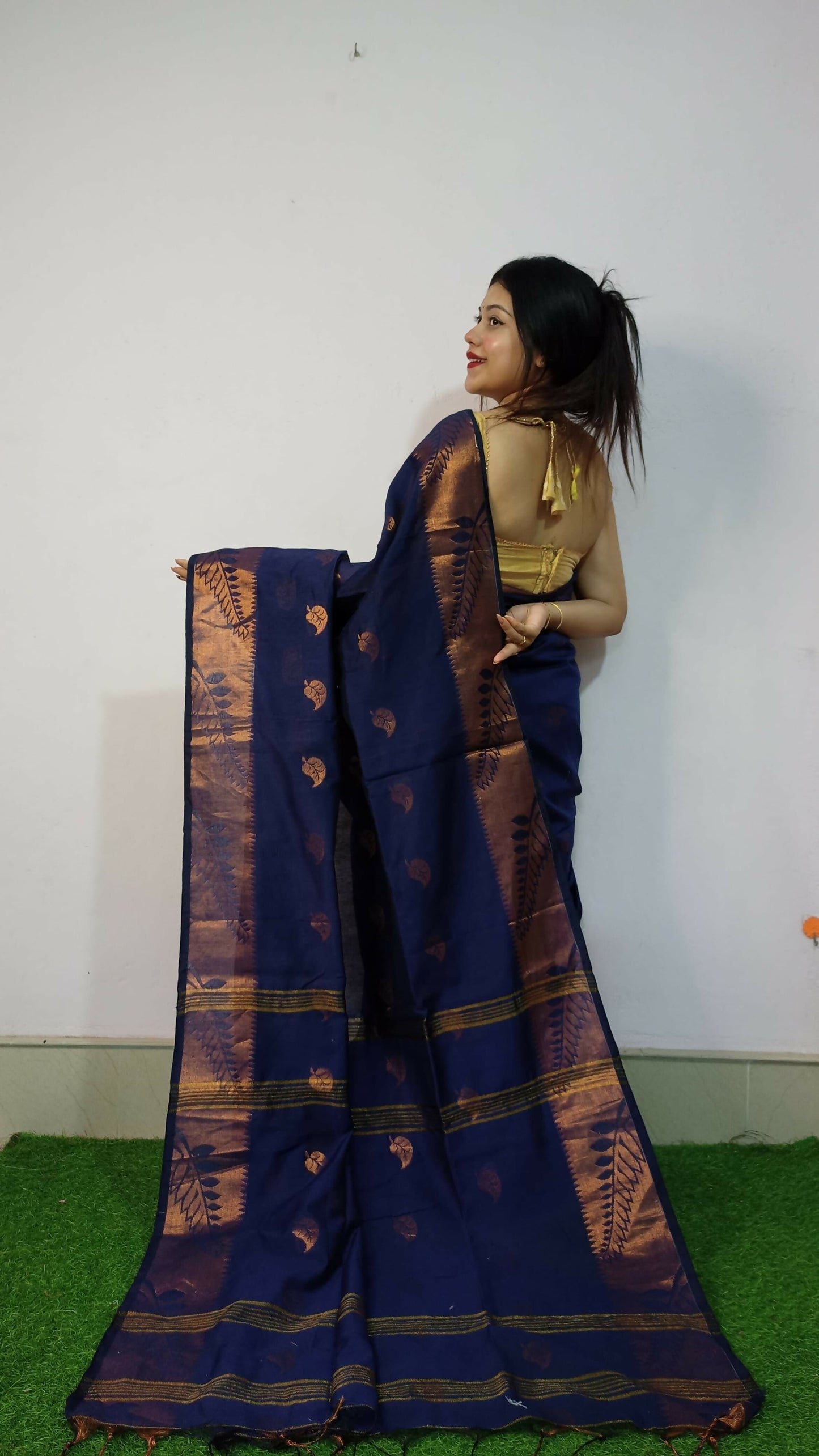 Exclusive Collection Beautiful Navy Blue Cotton Silk Woven Handloom Saree With Running Blouse Piece - Swadesiicart