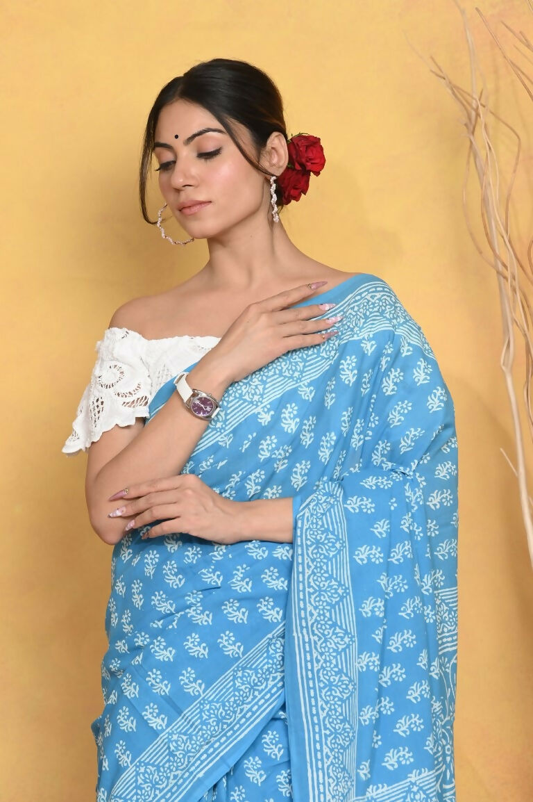 Very Much Indian Handblock Printed Cotton Saree With Natural Dyes - Sky Blue | Swadesiicart