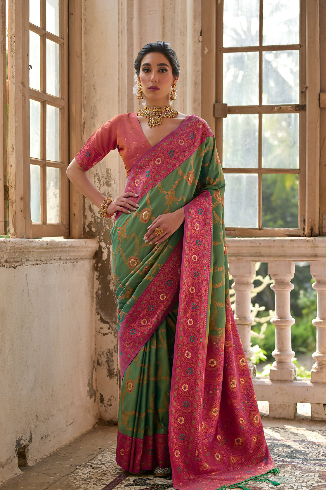 Vishnu Weaves Women's Pista Banarasi Silk Zari Woven Saree with Blouse - Swadesiicart