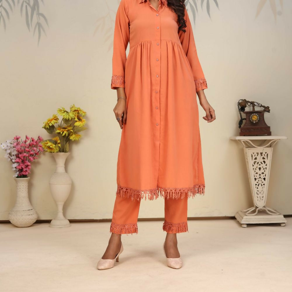 Jyoti Fashion Women's Orange Rinkal Cotton Plain with Side Pocket Kurtis & Sets | Swadesiicart