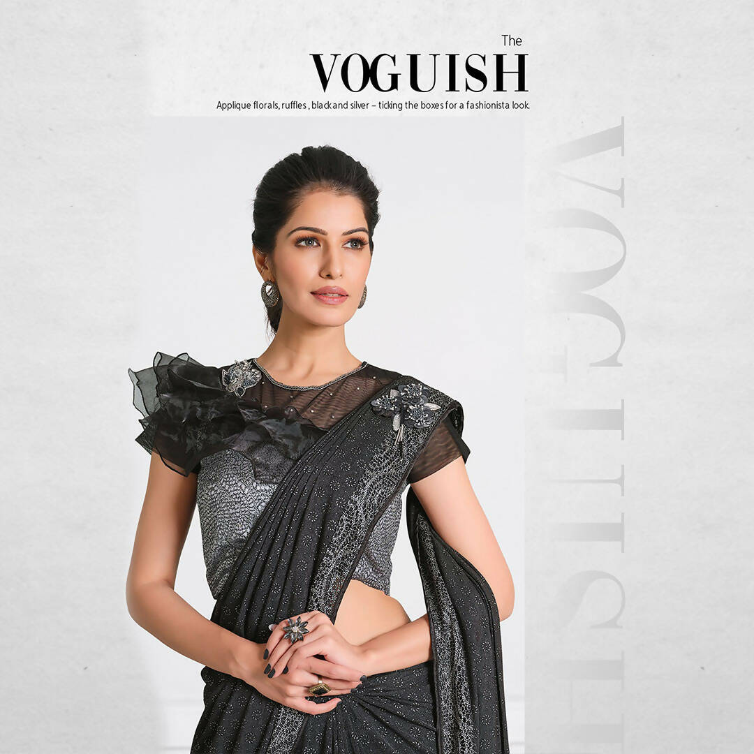 Black Fancy Lycra Handwork Shoulder Butta Saree - Mohmanthan Izzara