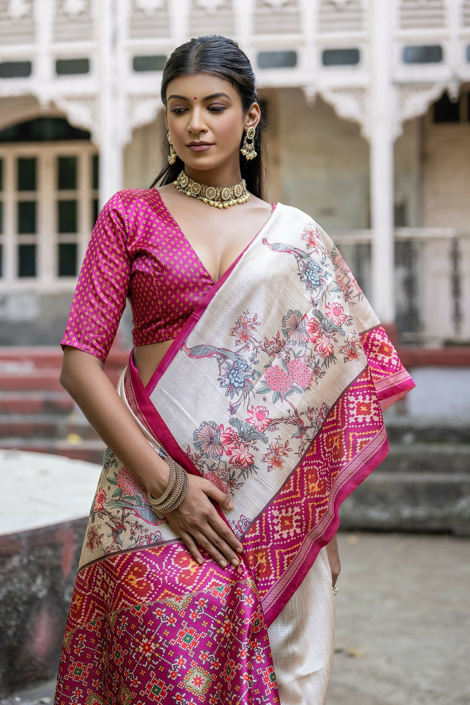 Vishnu Weaves Women's Rani Soft Tussar Silk Small Zari Woven Border Saree with Blouse - Swadesiicart