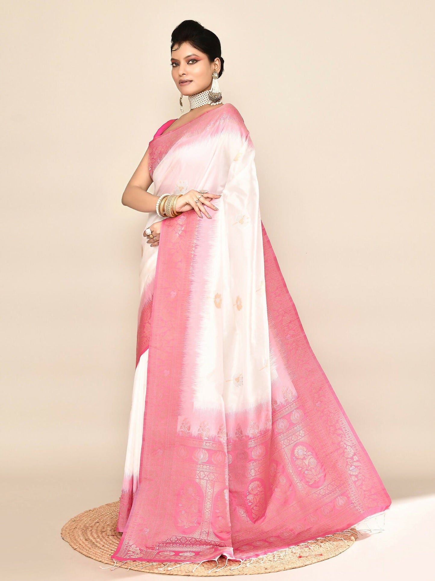 Joban Fashion White & Rani Pink Plain With Weaving Border Banarasi Silk Sarees | Swadesiicart