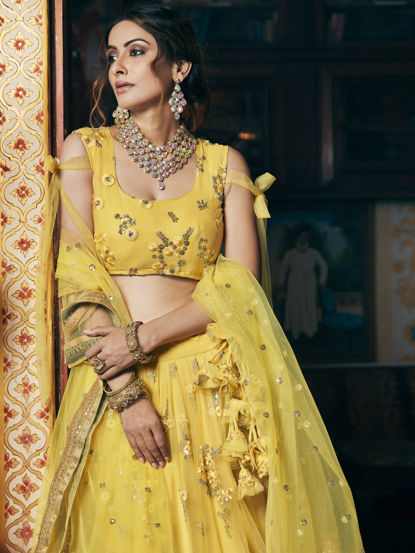 Wedding Designer Sequene Zari Resham Embroidery Yellow Net Lahengha Choli - Anbazaar | Swadesiicart