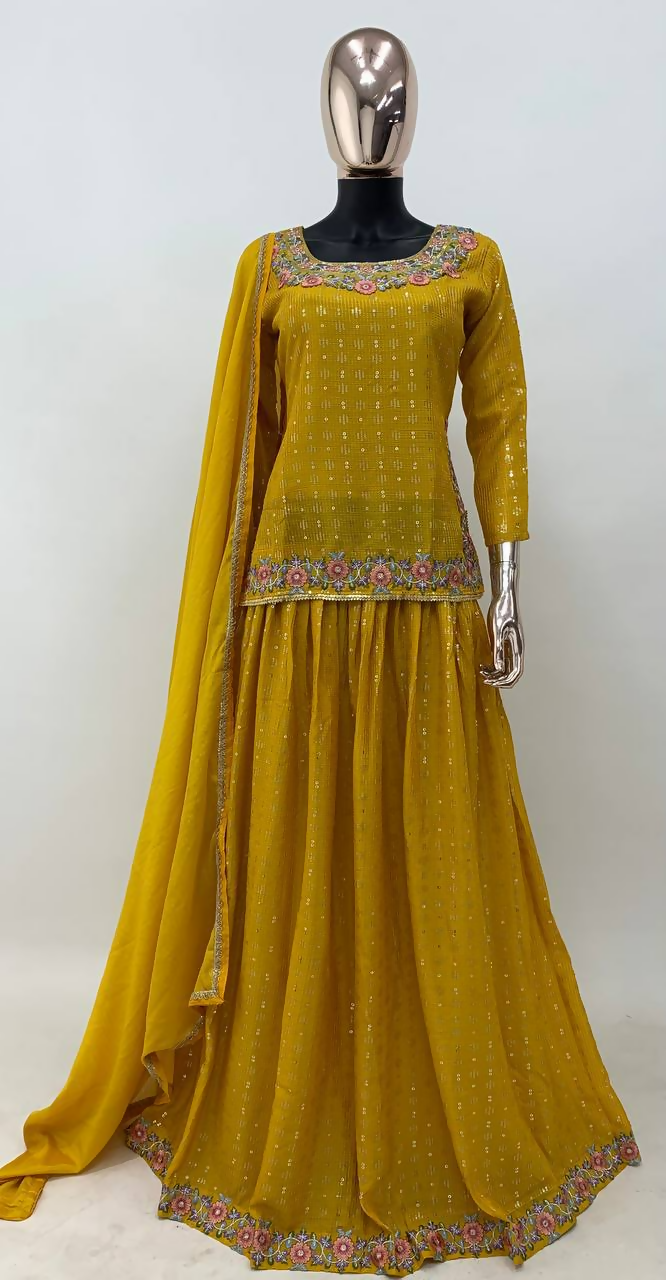 Lorenvalley Fashion Yellow Chinon Embroidery with Sequince Work Salwar Lehenga Stitched | Swadesiicart
