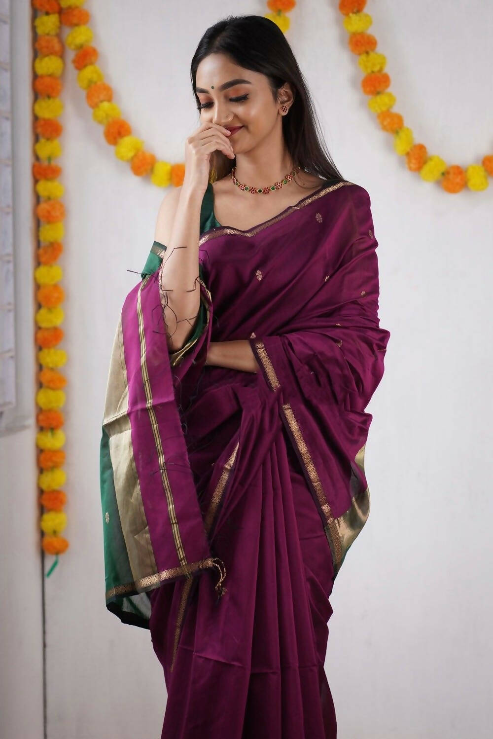 DEIANA'S Beautiful Designer Golden zari Soft Cotton Saree - Wine - Swadesiicart