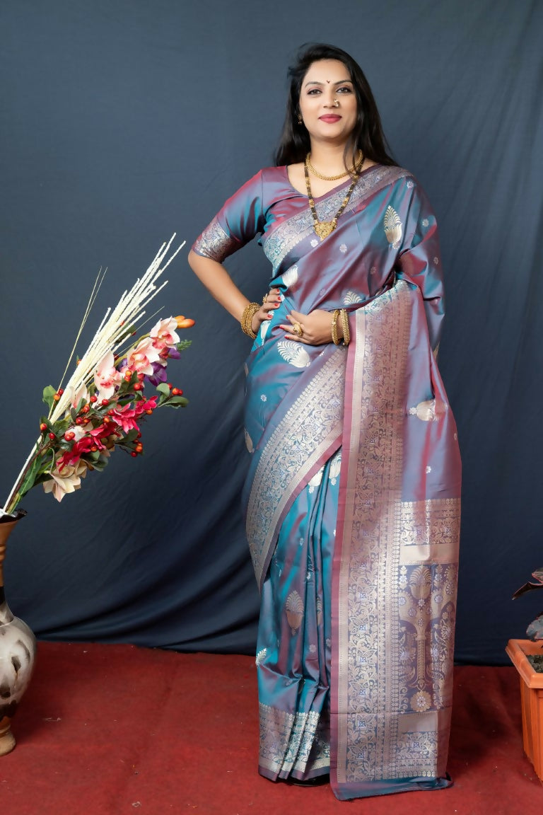 Jyoti Fashion Women's Grey Paithani Silk Zari Woven Saree with Blouse | Swadesiicart