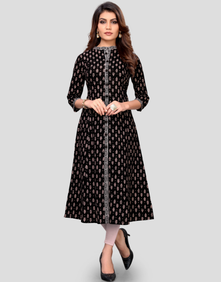 NOZ2TOZ Women's Black Color Cotton Flared Kurta (1Pc) - Noz2Toz