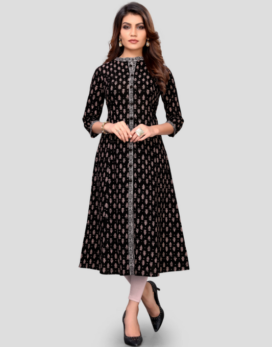 NOZ2TOZ Women's Black Color Cotton Flared Kurta (1Pc) - Noz2Toz