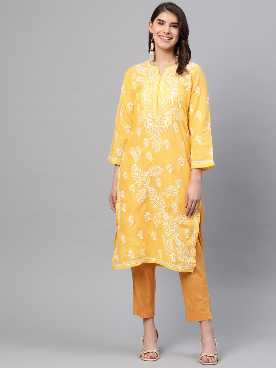 ADA Women Yellow & White Chikankari Embroidered Straight Sustainable Handloom Kurta | Swadesiicart