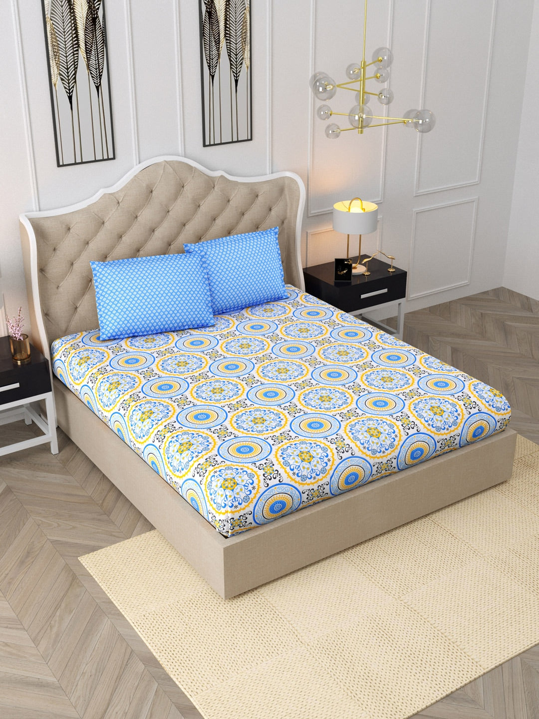 DREAM WEAVERZ Blue & Yellow Cotton Ethnic Motifs 300 TC Double Bedsheet with 2 Pillow Covers - Swadesiicart