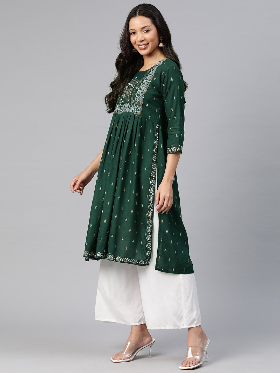 Kalini Ethnic Motifs Printed High Slit Mirror Work Kurta - Swadesiicart