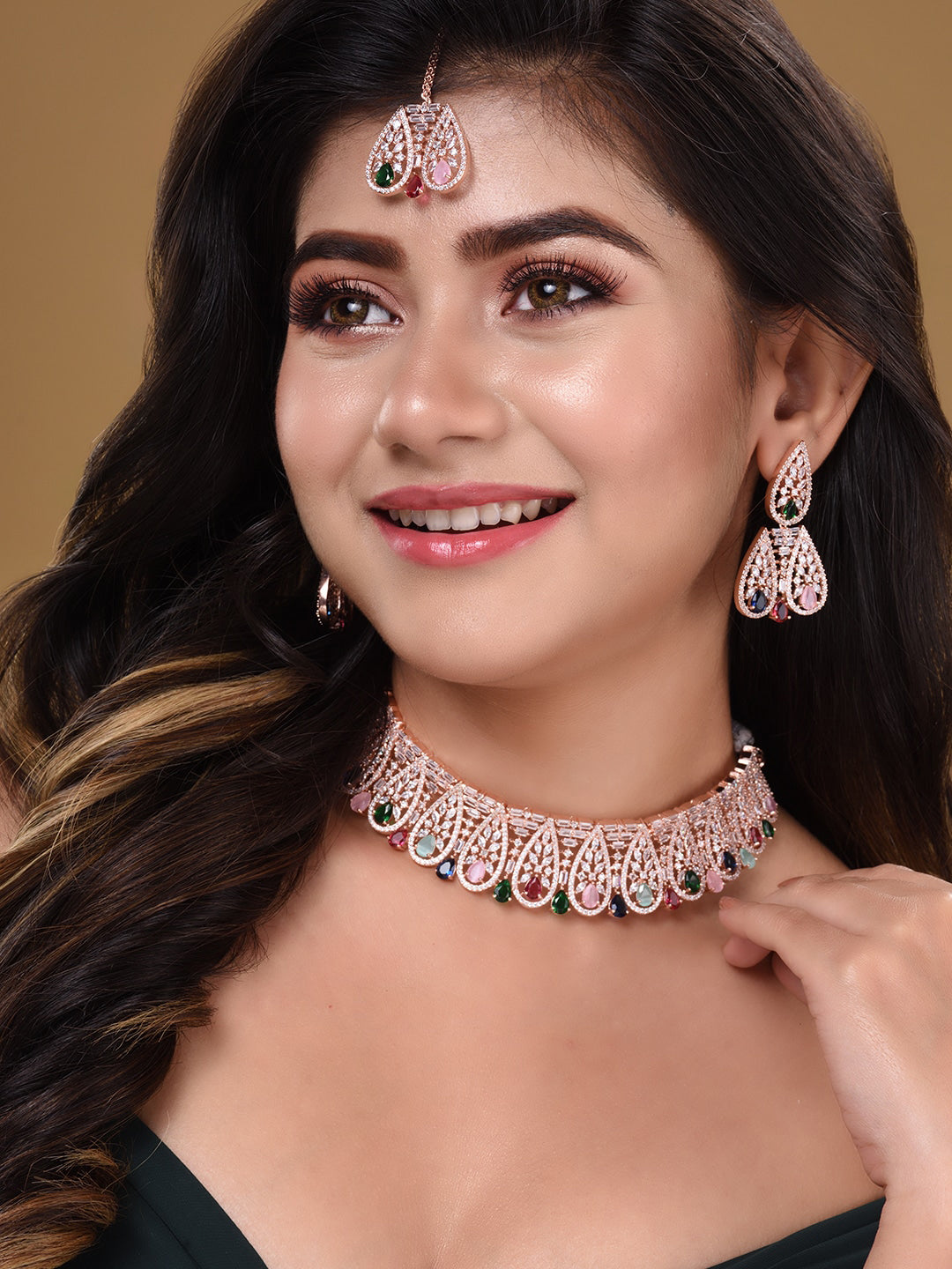 Saraf RS Jewellery Rose Gold-Polished White & Green AD-Studded Jewellery Set - Swadesiicart