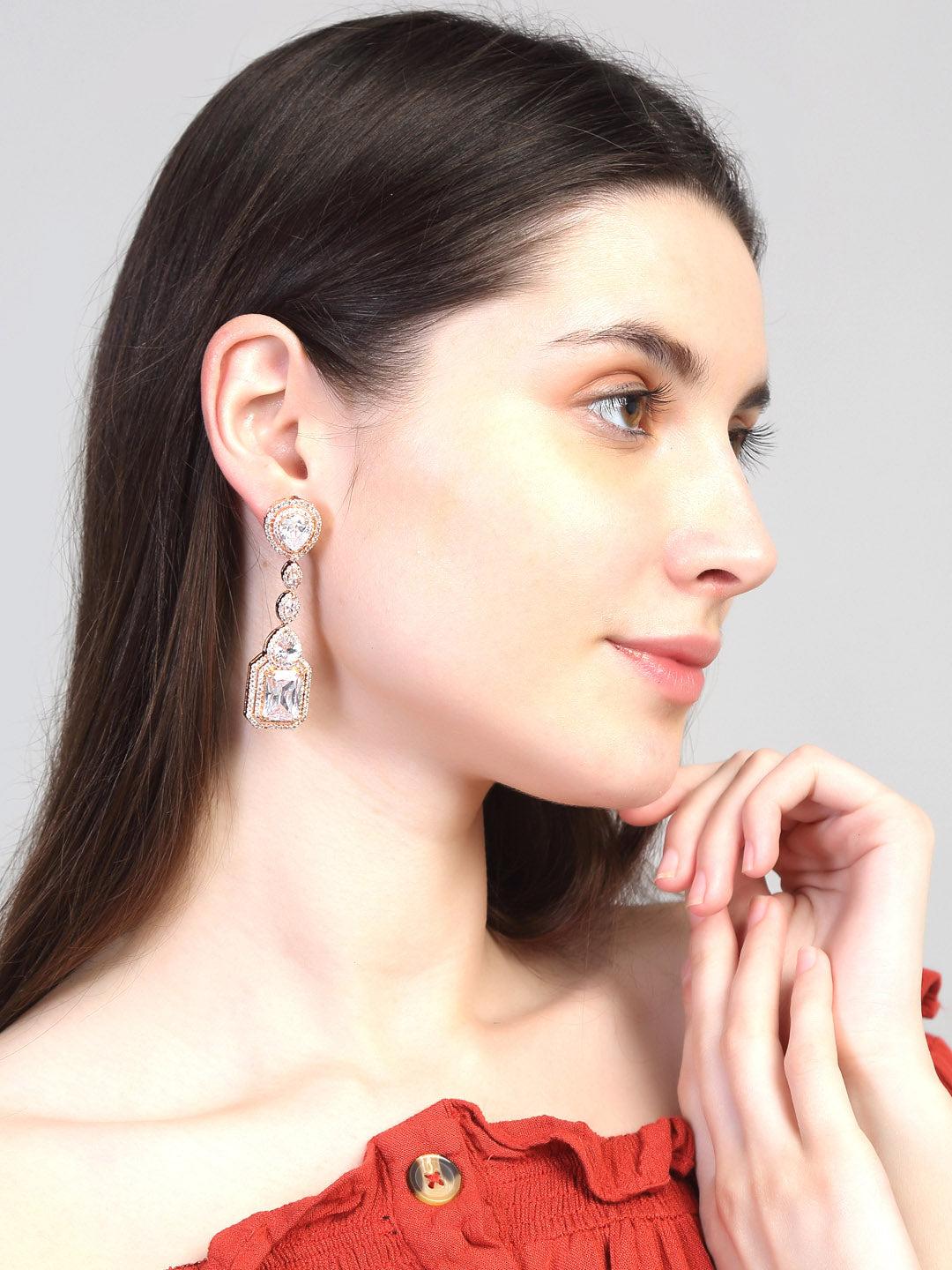 Yellow Chimes Rhodium-Plated Rose-Gold White AD-Studded Drop Earrings | Swadesiicart