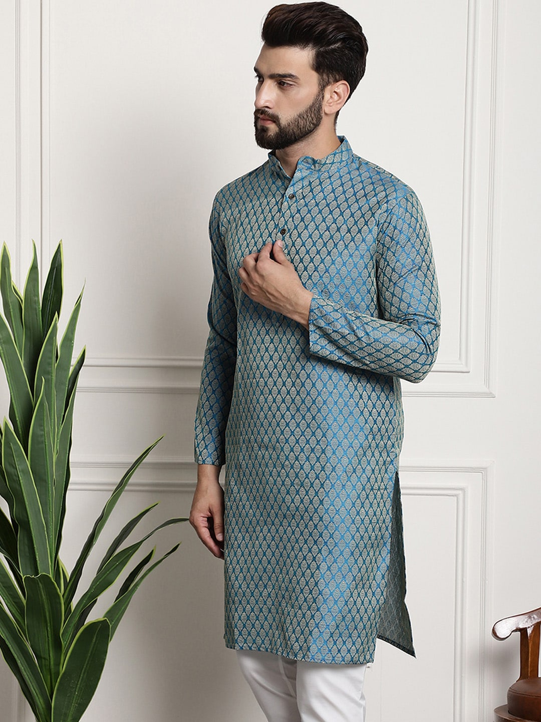 Sojanya Men Blue & Beige Ethnic Motif Printed Jacquard Silk Kurta | Swadesiicart
