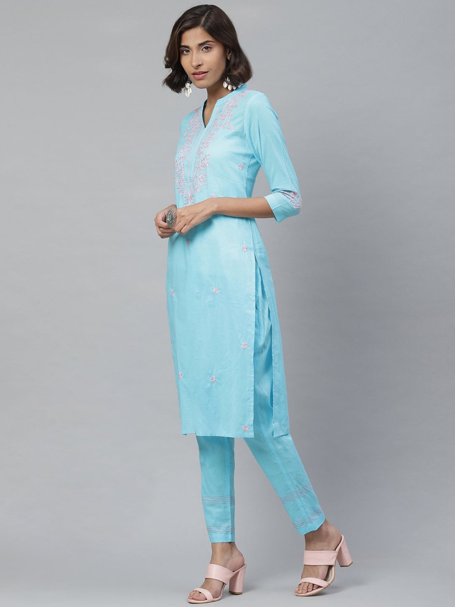 ADA Women Blue & Pink Chikankari Embroidered Sustainable Handloom Kurta with Trousers | Swadesiicart