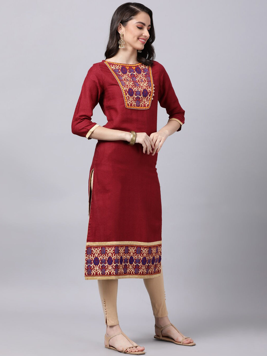 Souchii Maroon & Yellow Thread Work Grandeur & Majestic Artwork Cotton Kurta - SOUCHII