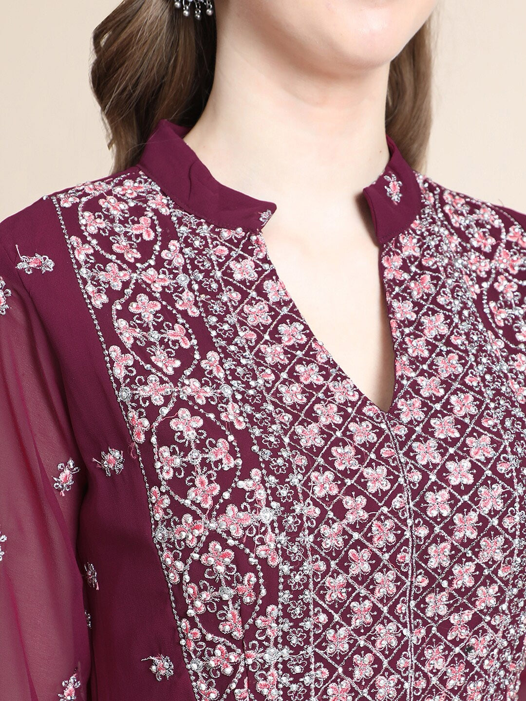 Kalini Women Burgundy Floral Yoke Design Empire Silk Georgette Kurta with Sharara | Swadesiicart
