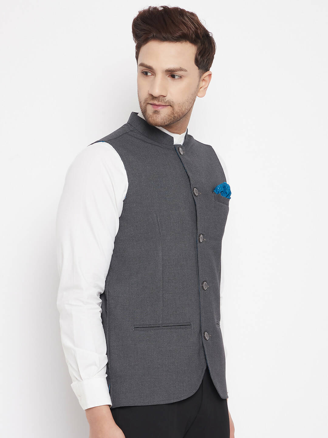 Even Apparels Men's Grey Merino Nehru Jacket-Contrast Lining-Free Pocket Square | Swadesiicart