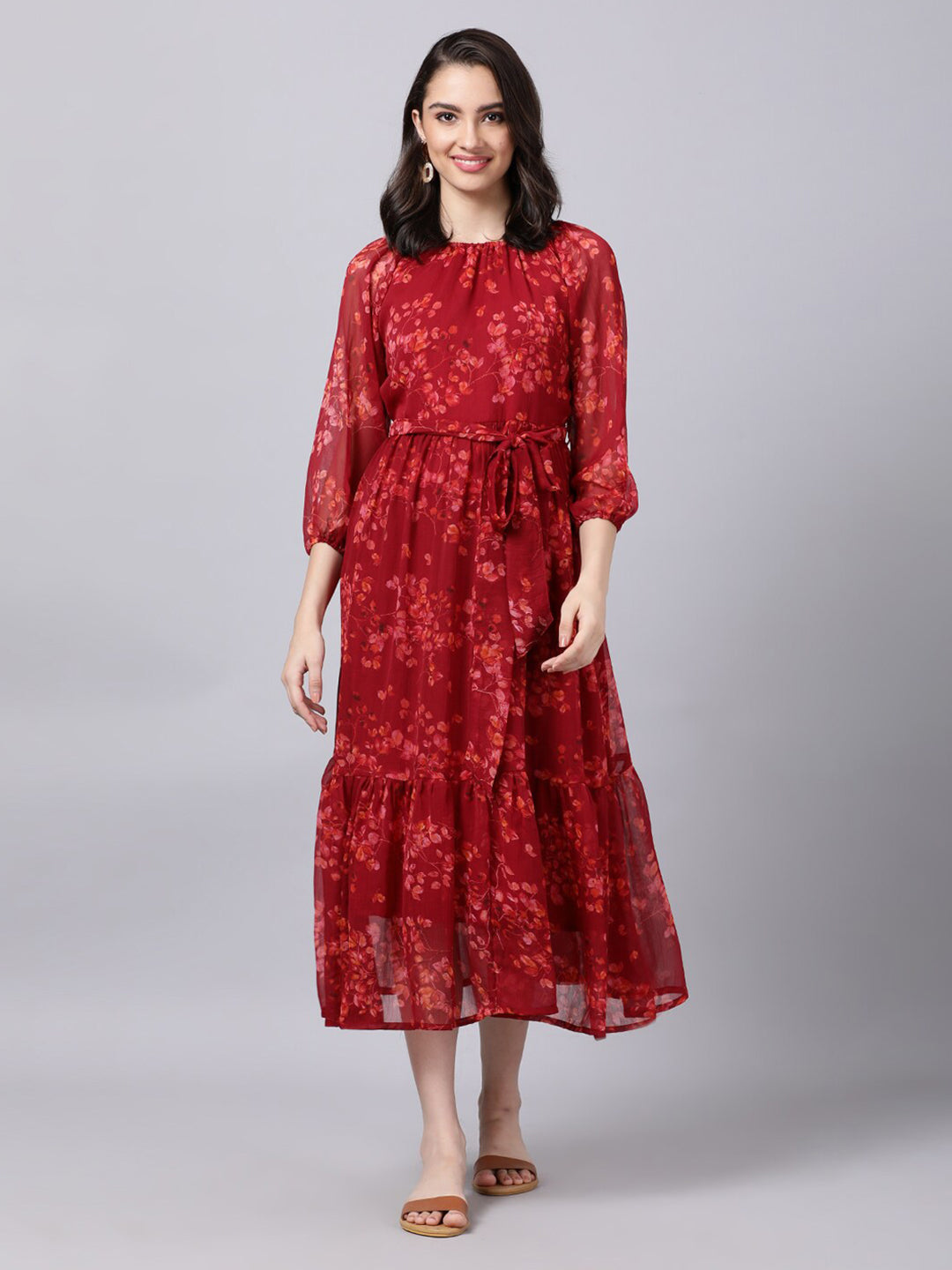 Souchii Maroon Floral Layered Chiffon A-Line Midi Dress - SOUCHII