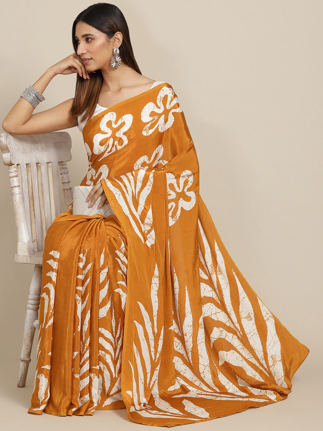 Tikhi Imli Mustard & White Floral Print Satin Saree | Swadesiicart