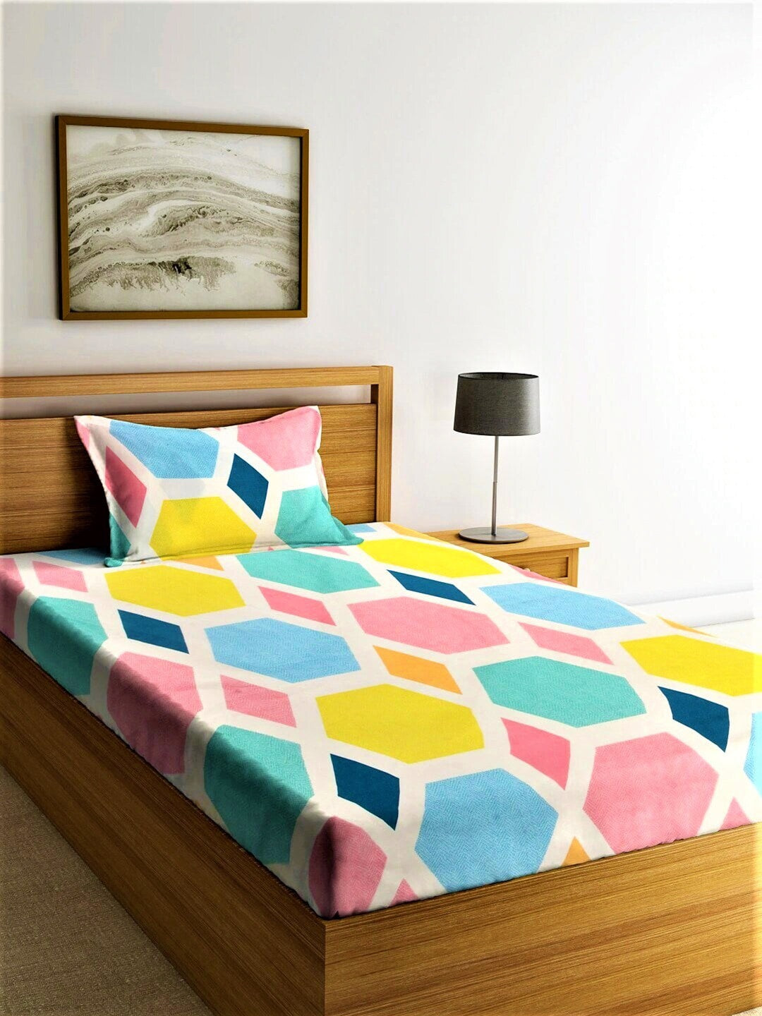Home Sizzler Blue & Yellow Geometric 210 TC Single Bedsheet with 1 Pillow Covers - Swadesiicart