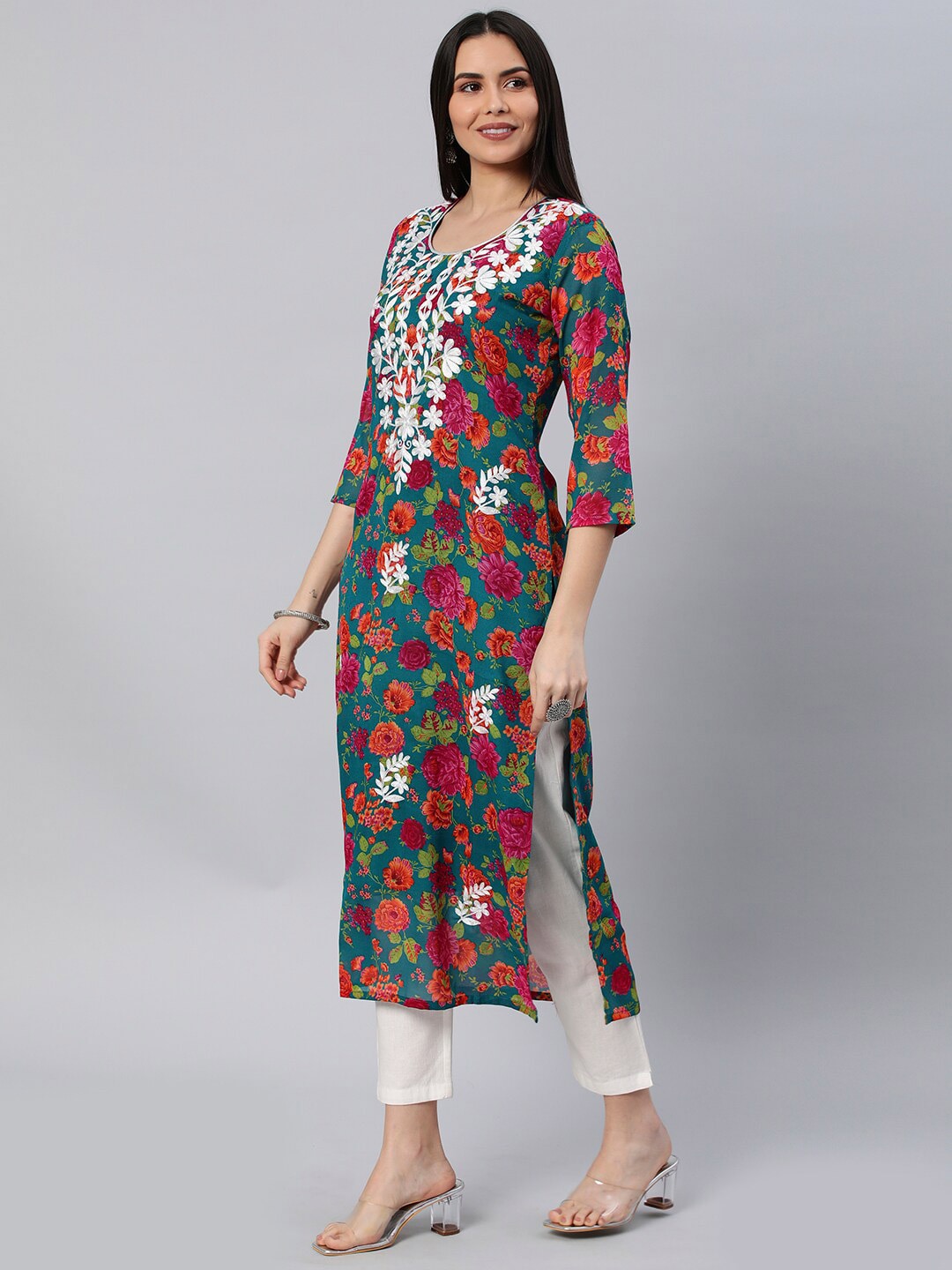 Kalini Floral Printed Chikankari Embroidered Straight Kurta | Swadesiicart