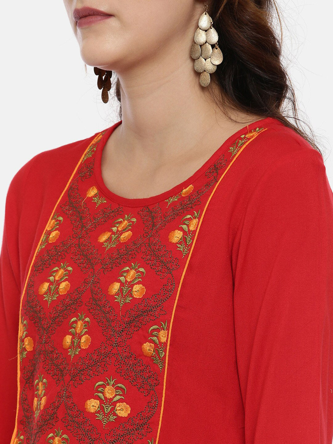 Souchii Women Red & Yellow Floral Yoke Design Kurta - Swadesiicart