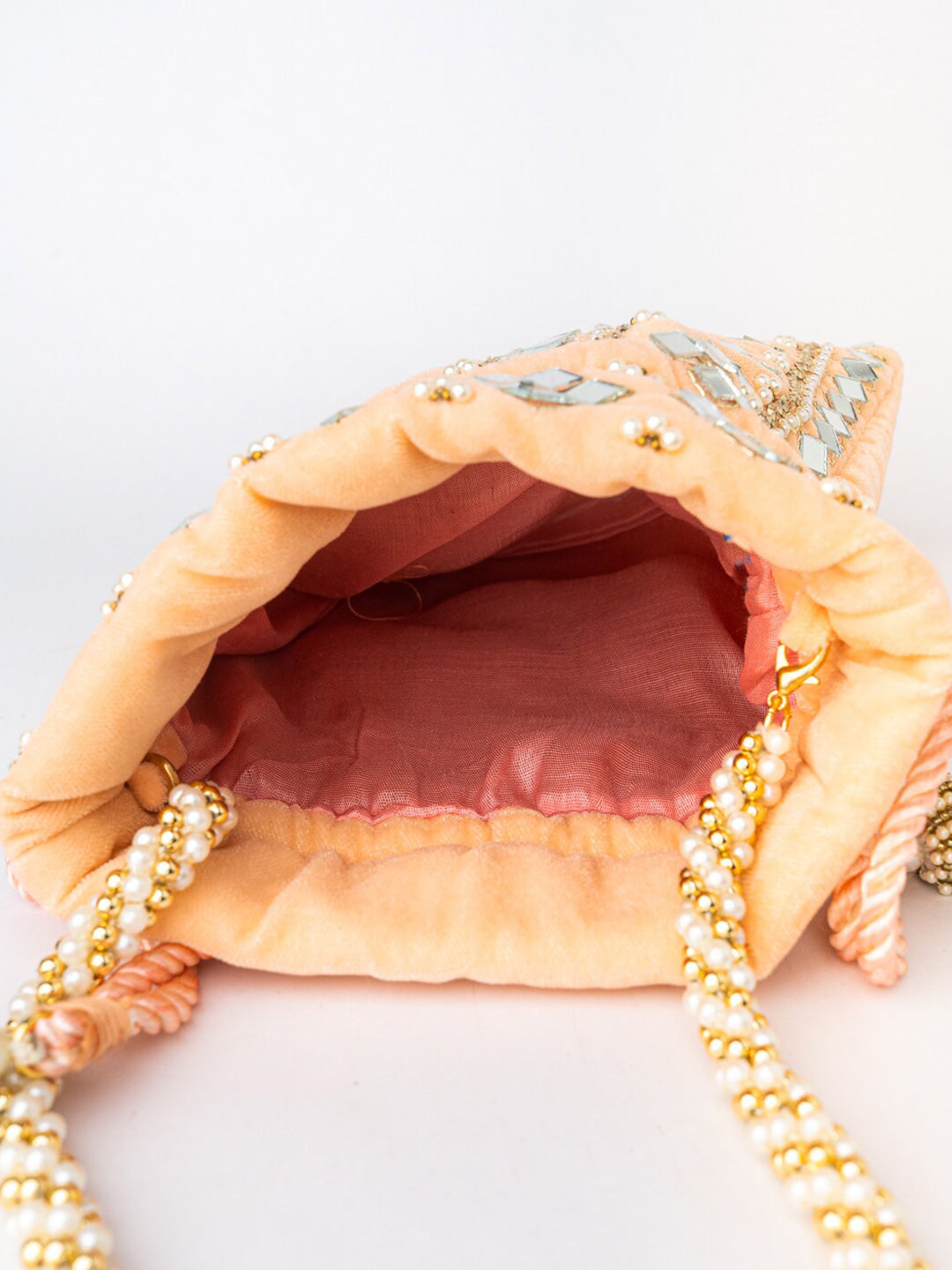 NR By Nidhi Rathi Peach-Coloured & White Embroidered Potli Clutch - Swadesiicart