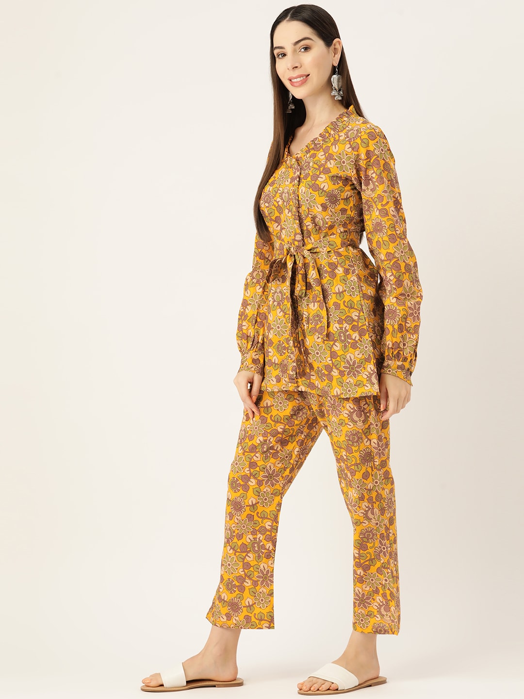 InWeave Mustard Kalamkari Print Co Ord Set With Belt - Swadesiicart