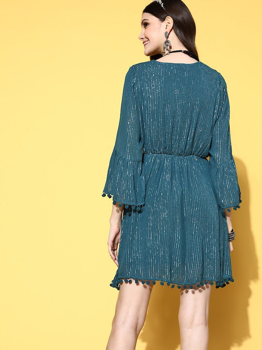 InWeave Teal Lurex Dress With Lace - Swadesiicart