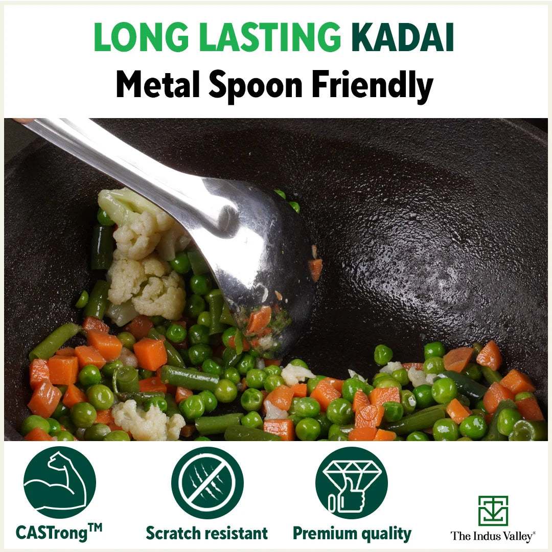 The Indus Valley CASTrong Cast Iron Kadai, Pre-seasoned, Nonstick, 100% Pure, Toxin-free, Spatula, 25.2cm, 2.2L, 2.37kg